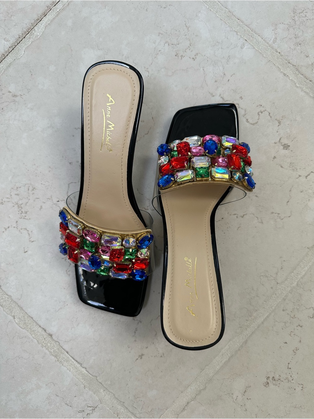Anne Michelle Black Patent Slide Mules with Colorful Gemstones